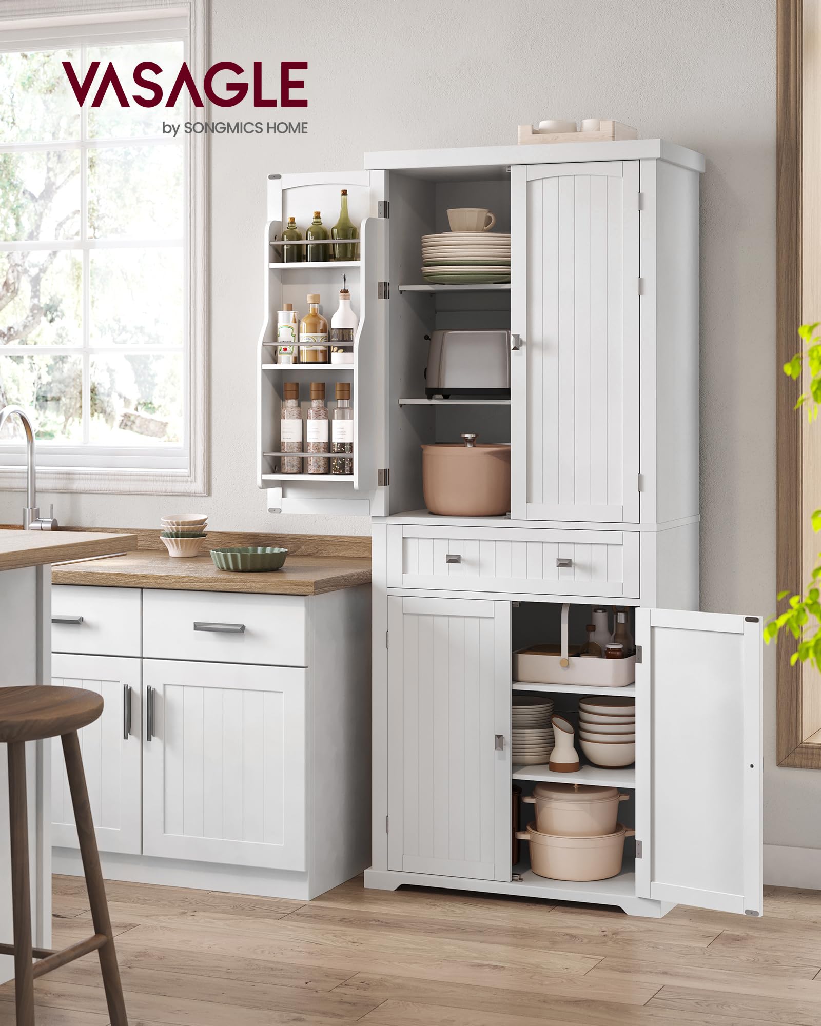 VASAGLE Armario Alto de Cocina, 40 x 76 x 182,1 cm, Armario Independiente, con un Cajón, Estantes Ajustables, 6 Estantes en la Puerta, para Sala de Estar, Cocina, Blanco BBC561W21