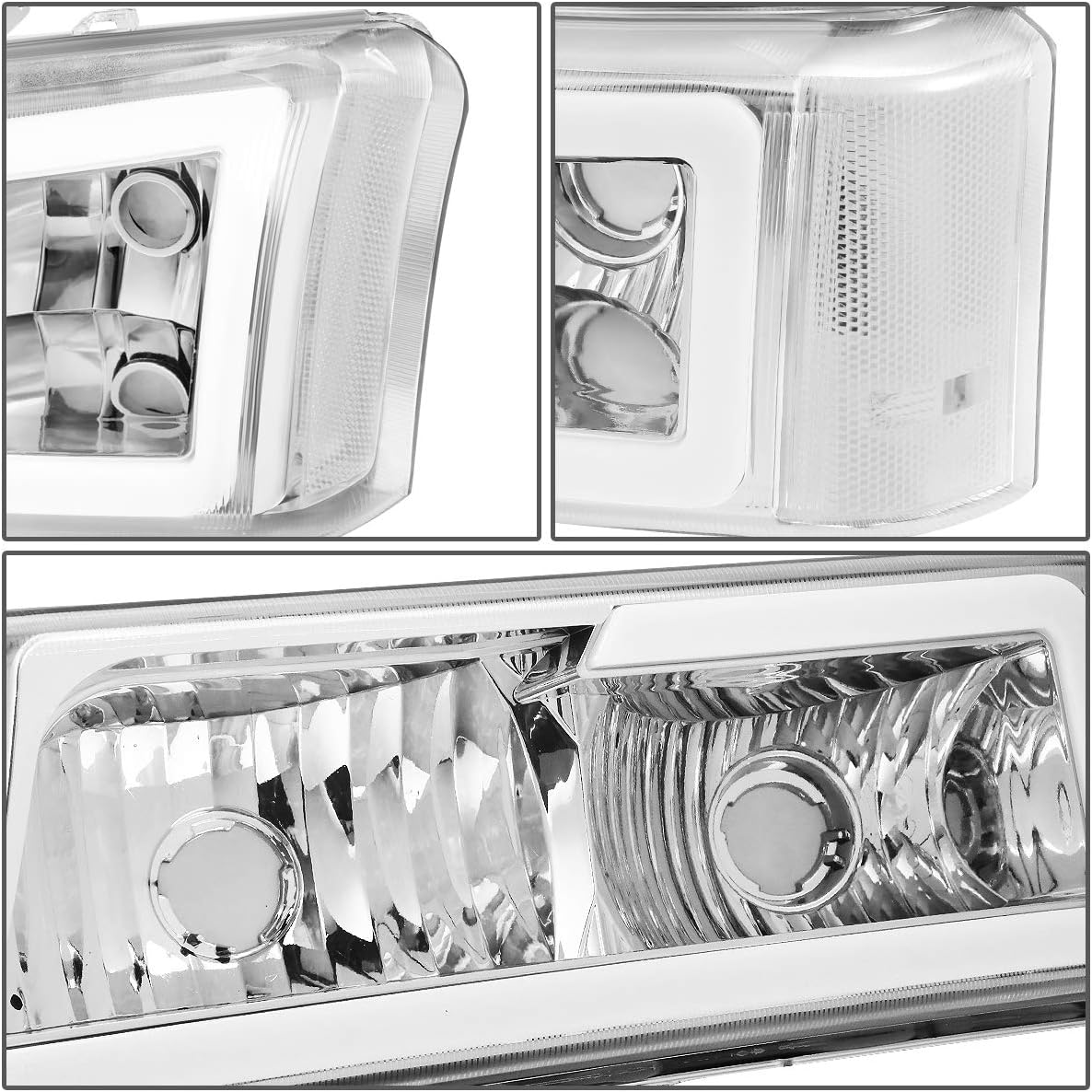 DNA MOTORING HL-LB-CSIL03-CH-CL1 Chrome Housing 3D LED DRL Headlight Bumper Lamp Set Compatible with 03-06 Silverado 1500-3500 / Avalanche 1500 2500