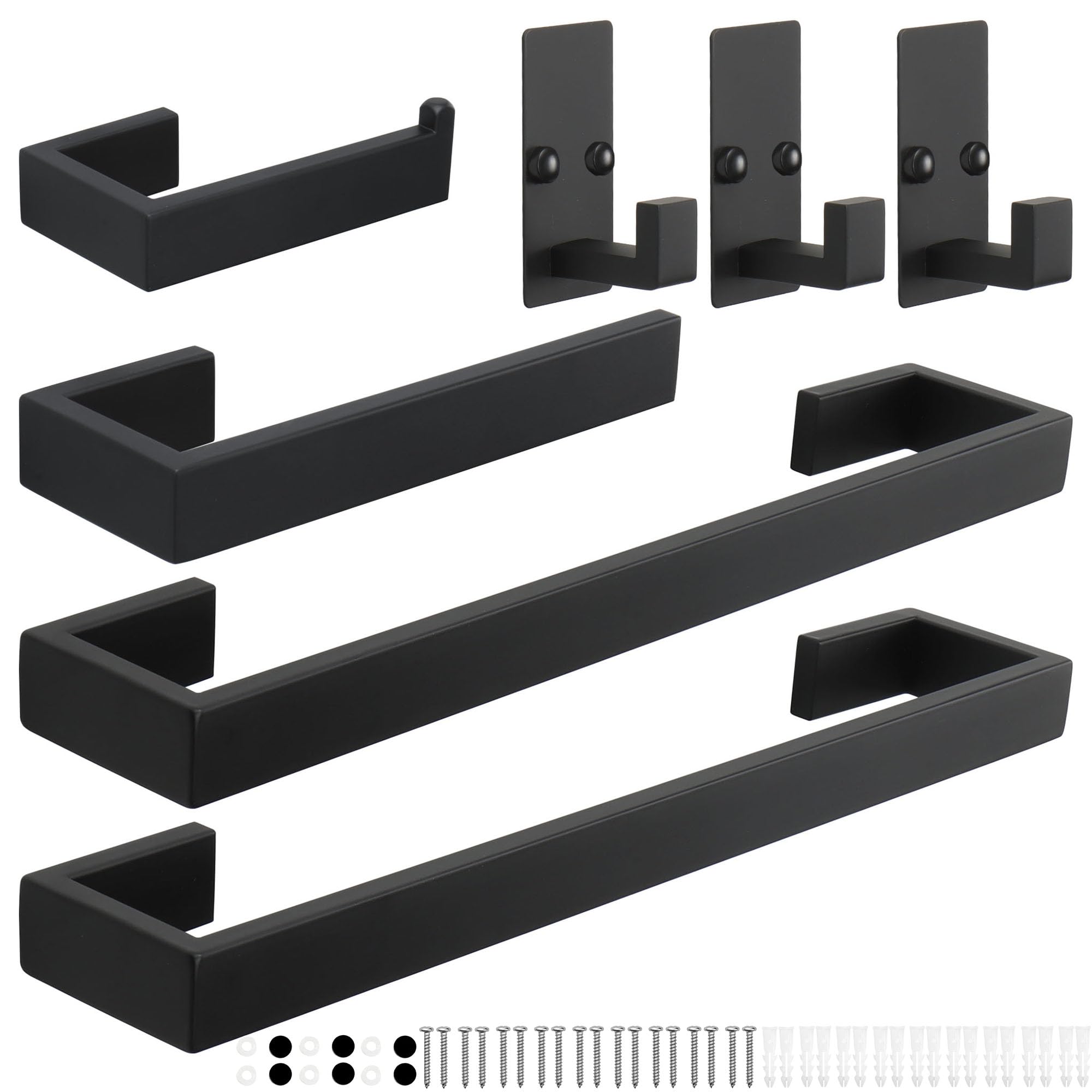 TocTen 7 Pcs Bathroom Hardware Set, Thicken Stainless Steel Towel Bar Set-Includes 2Bath Towel Racks+Towel Holder+Toilet Paper Holder+3 Robe Towel Hooks, Wall Mounted Bathroom Accessories Kit(Black)