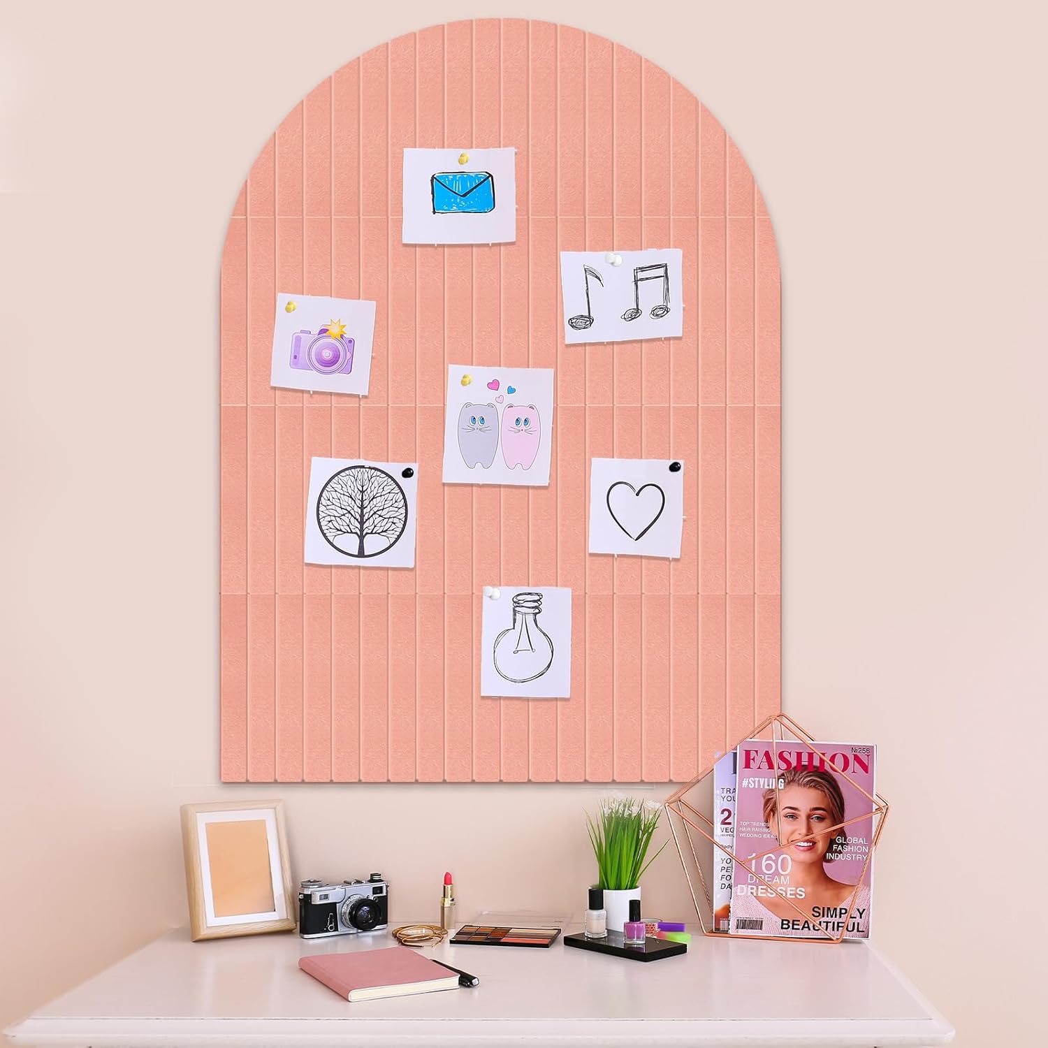 Large Cork Board for Wall & Office Decor, 48" x 36" Arched Felt Bulletin Board Pin Board Vision Board with 30 Pins – 12 Customizable Wall Tiles for Office Home Bedroom,Photo & Picture Display
