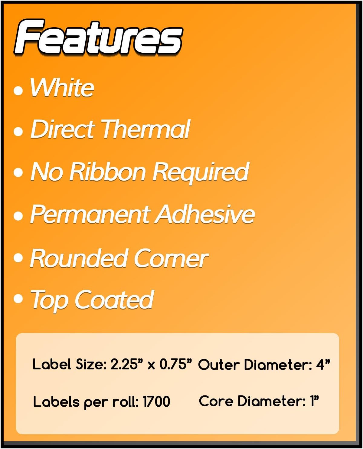 1700/Roll, 17000 Labels = 10 Rolls - 2.25" x 0.75" Direct Thermal Labels for Zebra & Rollo Desktop Printers and More – 1” Core, Permanent Adhesive & Perforated