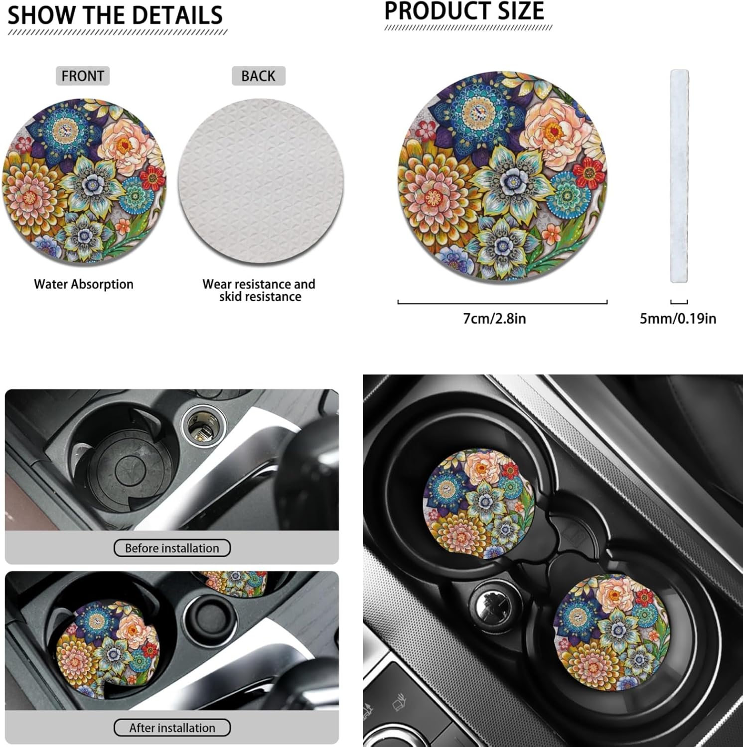 Boho Vintage Floral Mandala Car Accessories Seat Cover+Shift Knob Handbrake Protector+Steering Wheel Cover+Seat Belt Pads+Armrest Box Cover+Coaster, Set of 12, Stretch Universal