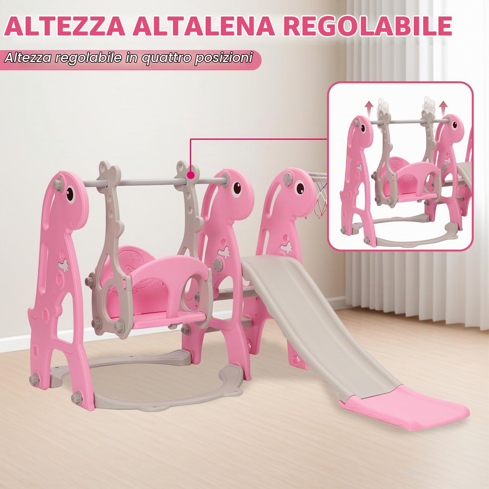 Set di scivolo e altalena per bambini con pallacanestro | Scivolo da interni per bambini, set da gioco autoportante e altalena regolabile in altezza (rosa)
