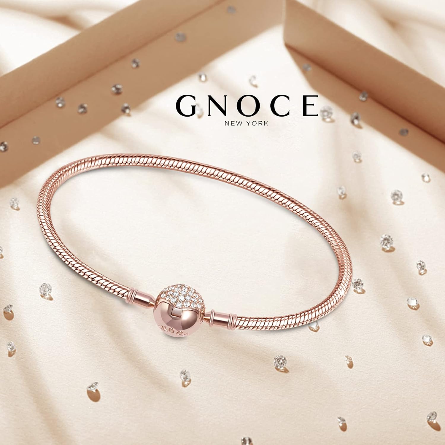 GNOCE Charm Bracelet Sterling Silver Rose Gold Plated DIY Snake Chain Endearing Gifts for Her Basic Charm Bracelet Dainty Bangle with Crystal Round Shape Clasp