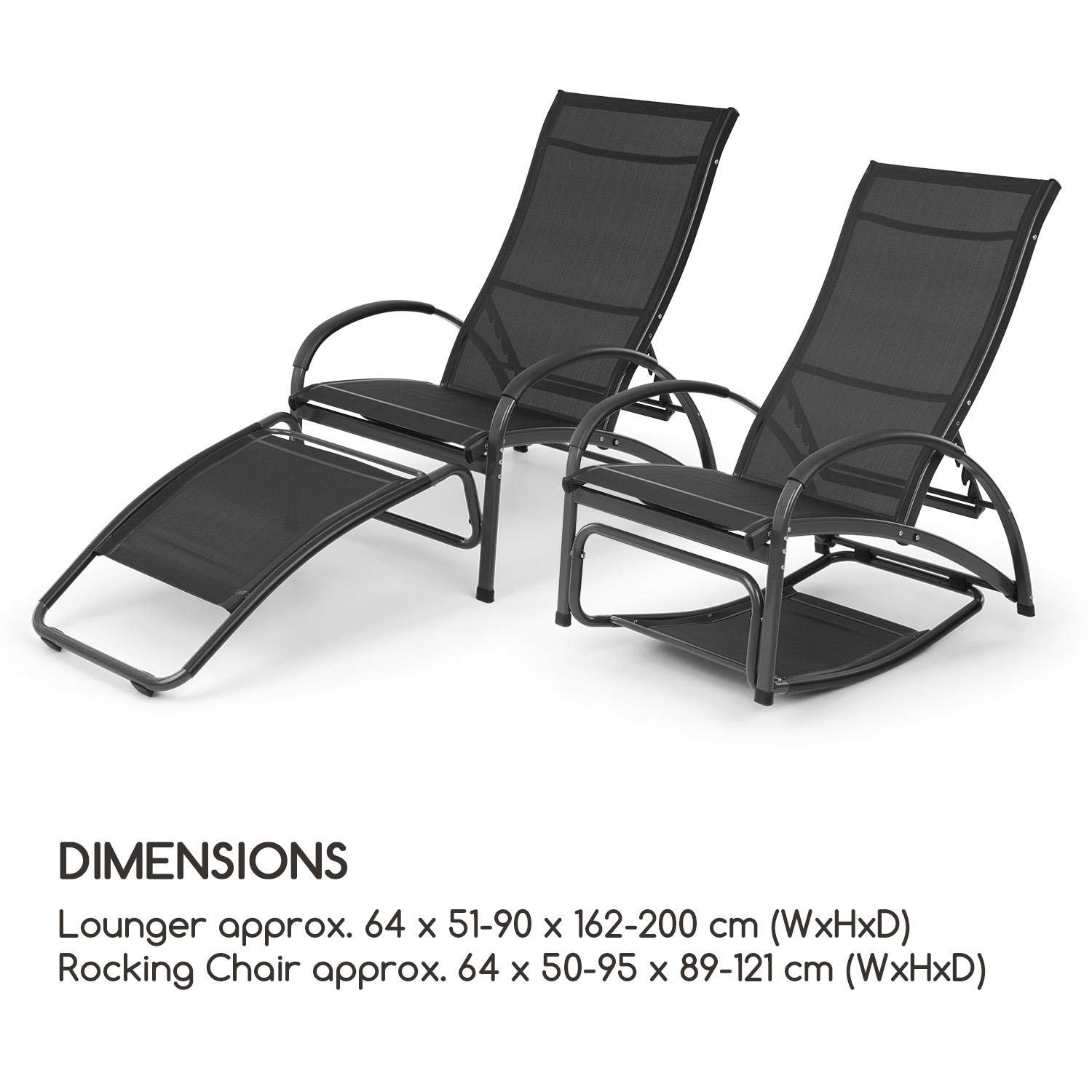 blumfeldt Beverlywood Tumbona Silla Mecedora (Hecha enteramente de Aluminio, Respaldo Regulable en 4 Posiciones, DualComfort, 70% de PVC y 30% de poliéster Comfort Mesh, Tornillos de Acero) Negro