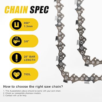 chain saw chains 3/8 .050 Gauge, 70 Drive Links for 20 Bar for Poulan, Remington. fits Greenworks, Makita, EGO, DeWalt and more