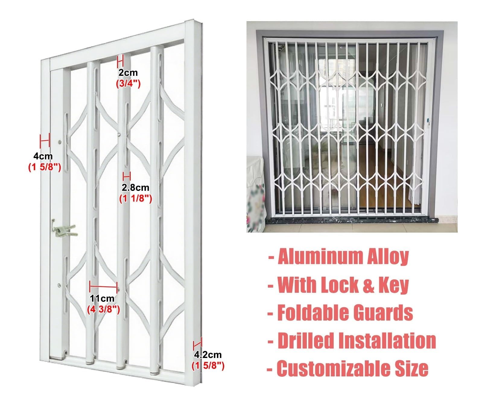 Barras de seguridad ajustables para niños, rejillas de seguridad de aluminio con bloqueo, barrera de ventana expandible antirrobo, tamaño personalizable (50 x 70 cm)