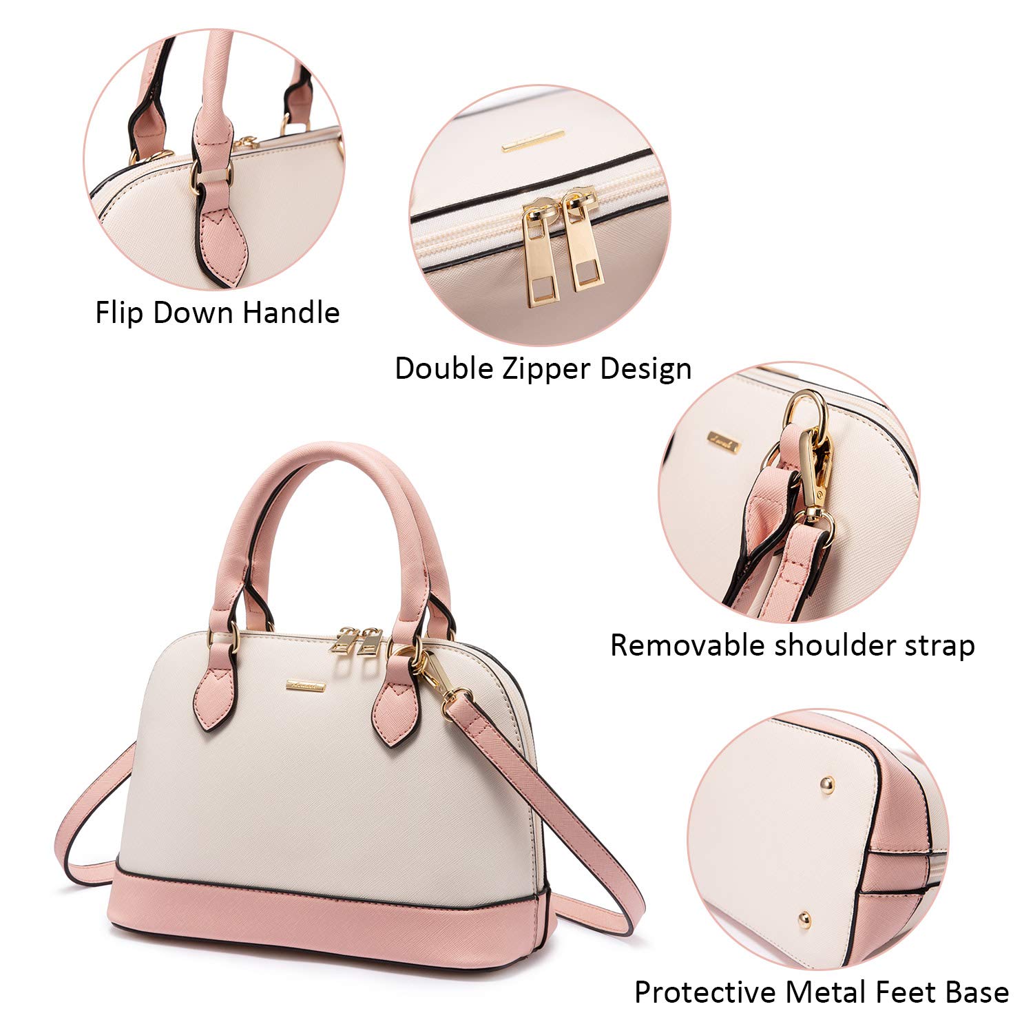LOVEVOOK Purse for Women Small Crossbody Bags Classic Double Zip Top Handle Dome Satchel Bag: Pink/Beige