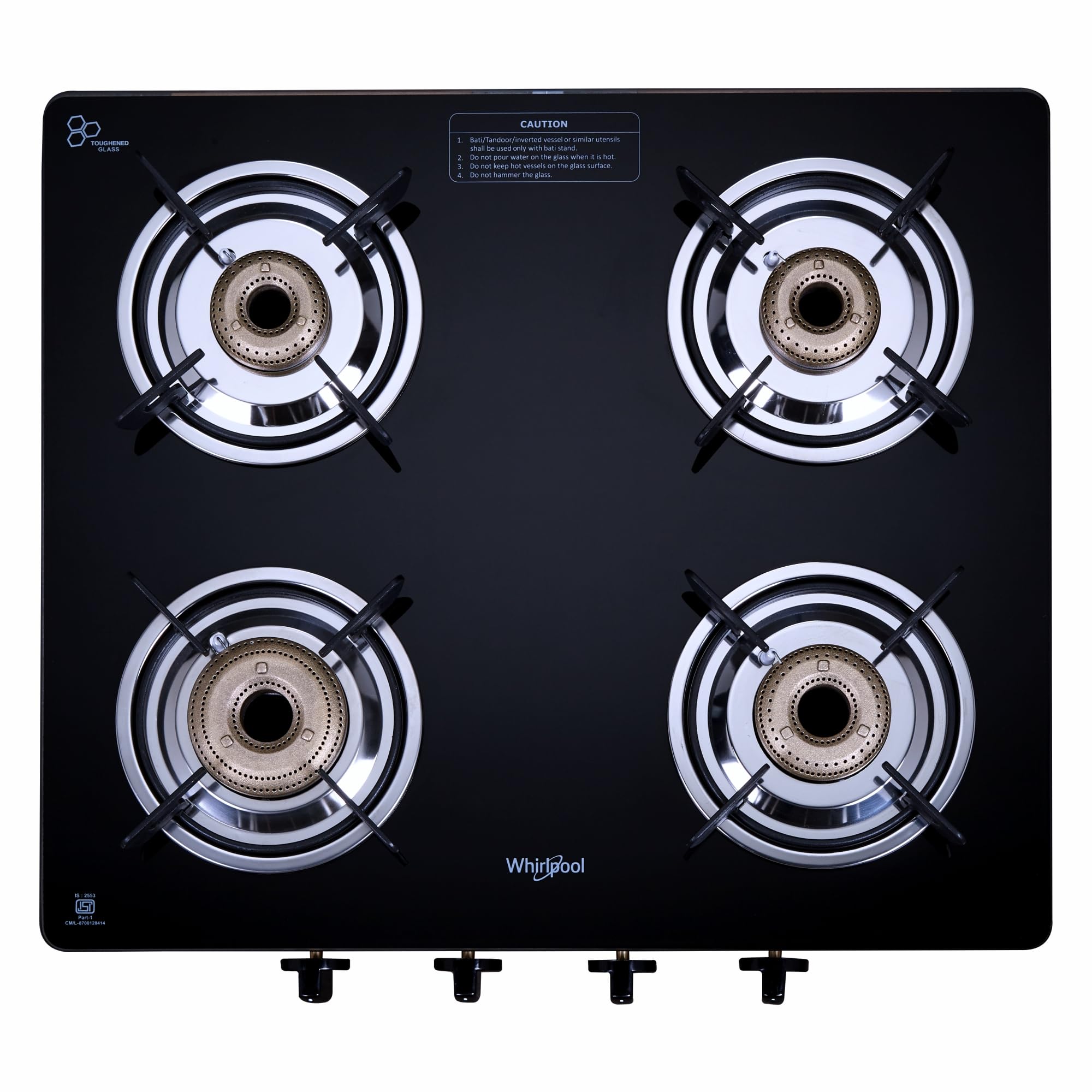 Whirlpool 4 Burner Manul Ignition Gas Stove | Supremo 460 CT | Forged Brass Burners | Toughened Glass Top | Double Drip Tray | 5-Year Warranty | Black