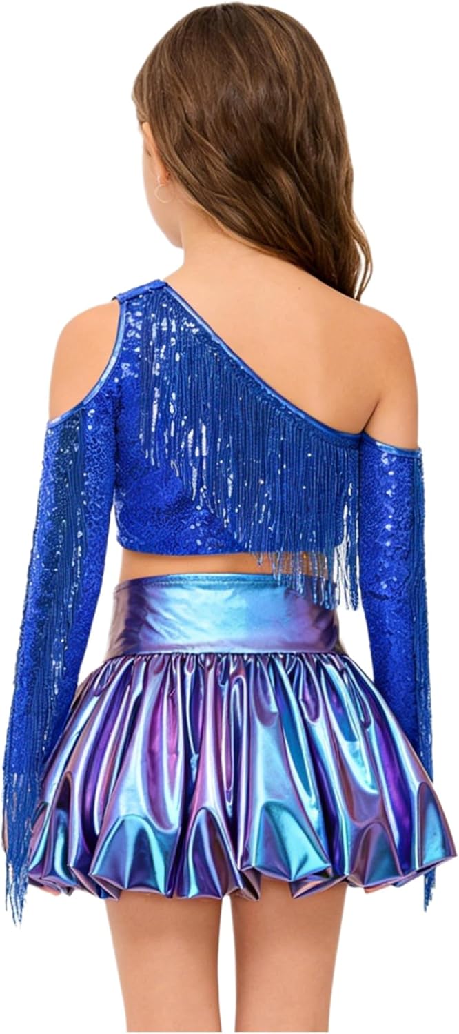 ranrann Girl's 2 Piece Dance Outfits Jazz Hip Hop Performance Dance Top and Metallic Bubble Skirts Set Royal Blue 16 Years