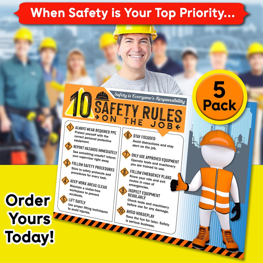 Poster "10 Safety Rules on the Job" Version 2025 - 45,7 x 61 cm, langlebiges laminiertes Sicherheitsschild, reißfest, wasserdicht, Arbeitsplatzsicherheitsposter für Industrie und Baueinstellungen (5