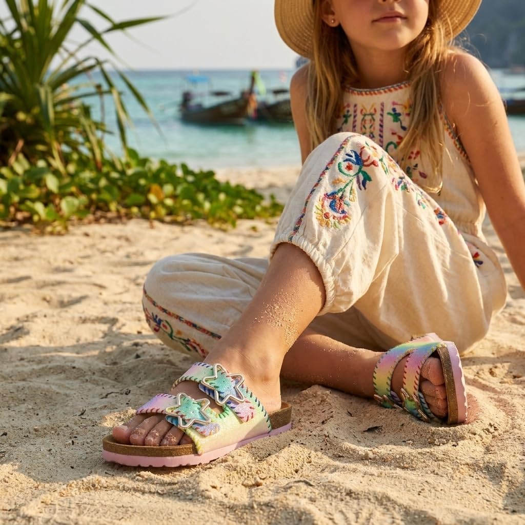 CUSHIONAIRE Lily Girl Toddler Sandals with Adjustable Gold Tone Star Buckles and Cushioned Cork Footbed Slip On Girls Slides for Kids