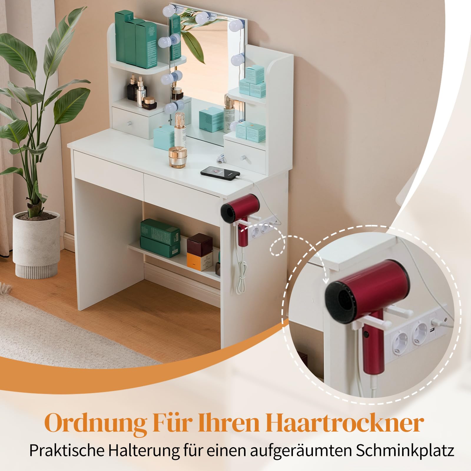 LEADZM Schminktisch mit LED-Beleuchtung & Spiegel, 3 Farben Verstellbarer Helligkeit, Frisiertisch mit 4 Schubladen, Steckdose & Föhnhalter(Weiß, 85x40x130 cm)