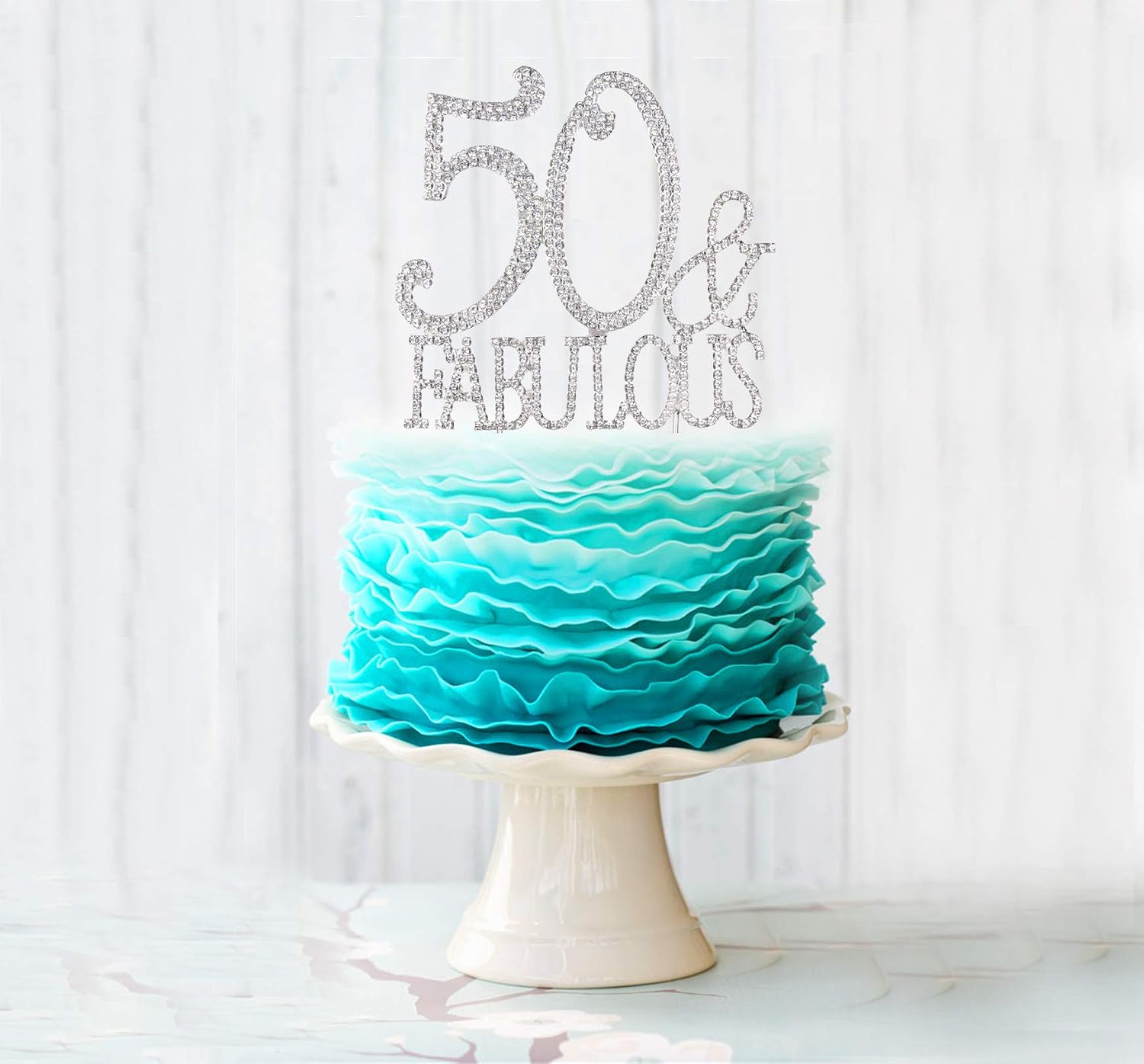 50 & Fabulous Cake Topper 50 Years Birthday Or 50th Wedding Anniversary Silver Crystal Rhinestone Party Decoration