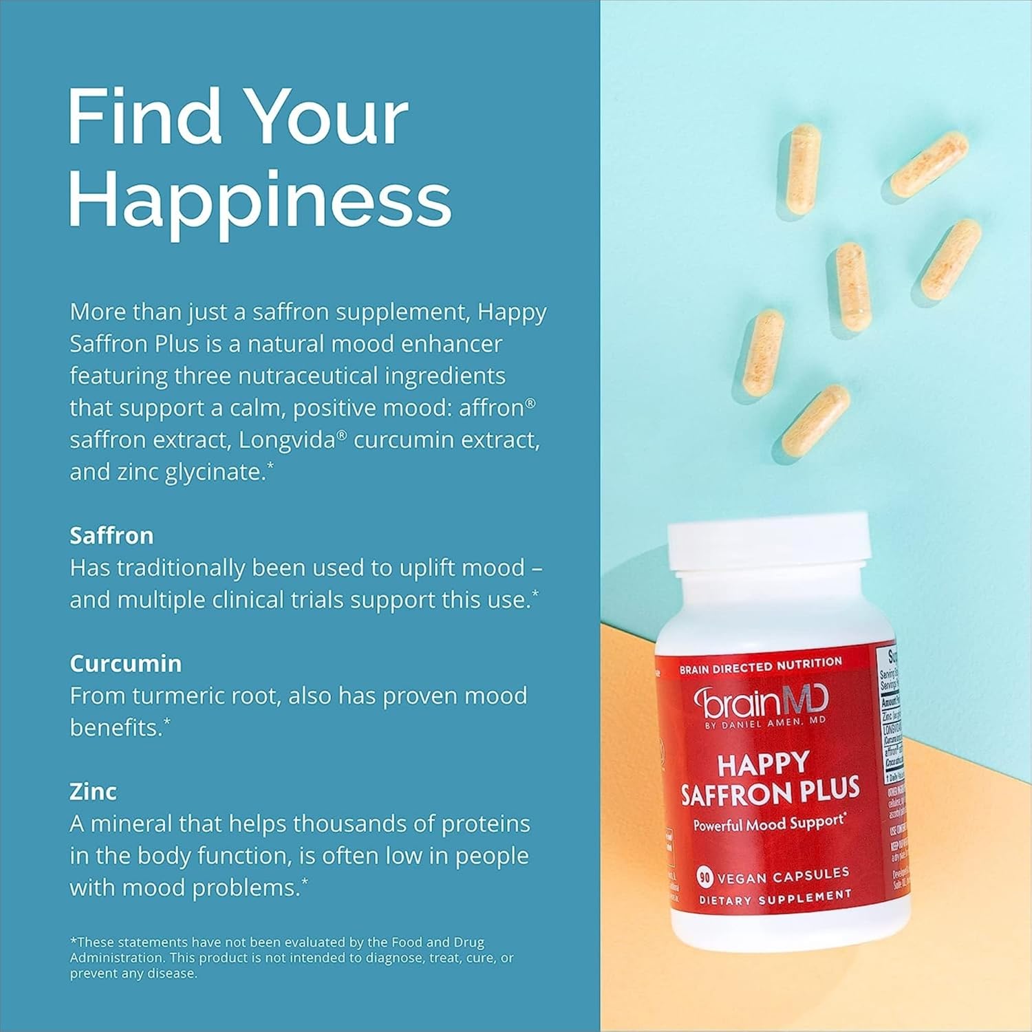 BRAINMD Dr Amen Happy Saffron Plus - 90 Capsules, Pack of 2 - With Saffron Flower Extract, Curcumin & Zinc - Vegan, Gluten Free - 60 Total Servings