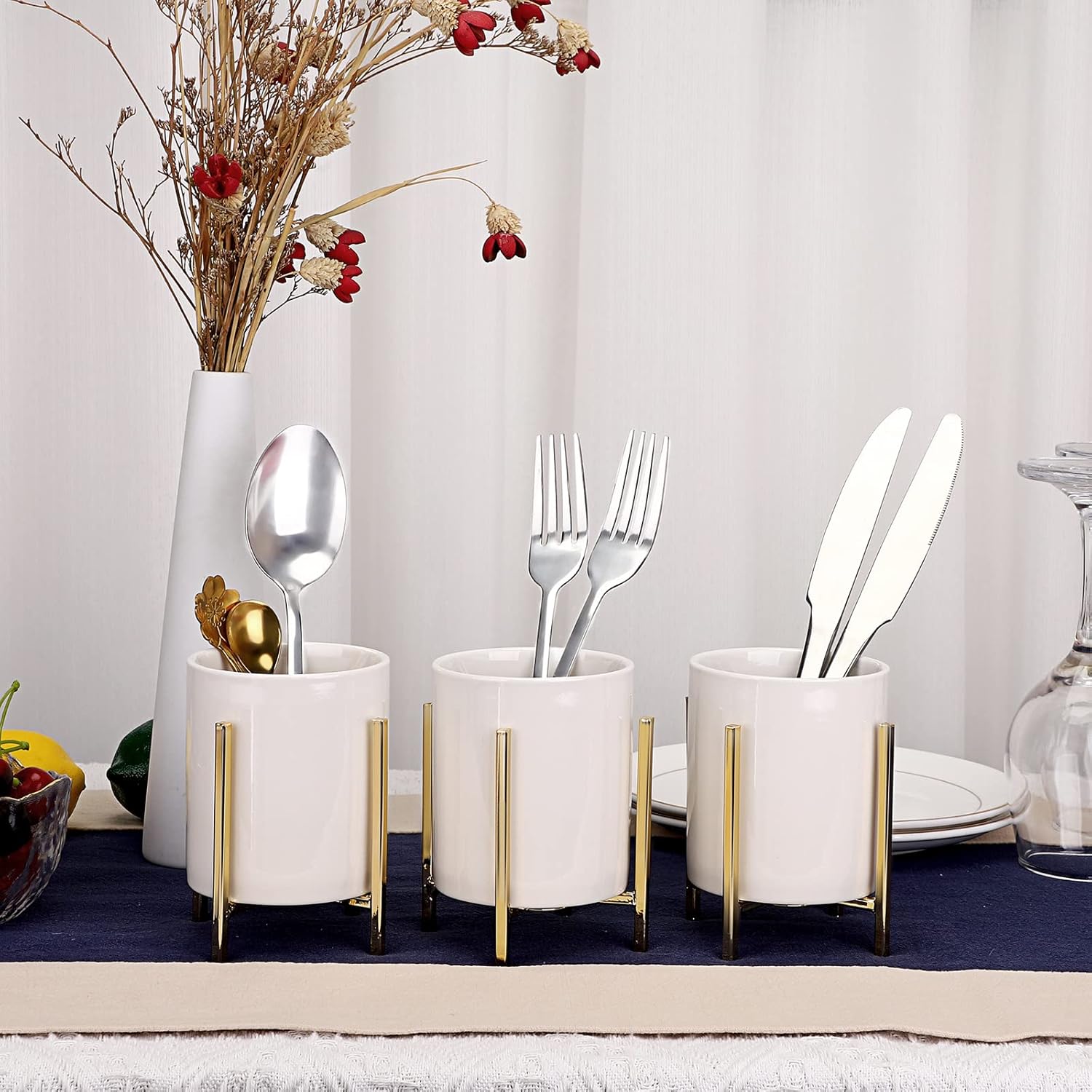 JUXYES Pack of 3 Ceramic Silverware Holder For Party Table, White Cutlery Holder Holder With Golden Metal Bracket, Small Flatware Caddy Organizer Utensil Holder Organizer for Kitchen Dining Tables