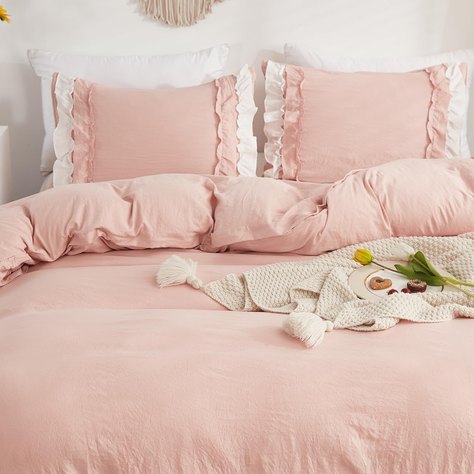 Set di biancheria da letto Herside, con copripiumino a ruche rosa e bianco, design a strati a ruche, stile boho per ragazze, 1 copripiumino e 2 federe (Bianco-rosa, matrimoniale)