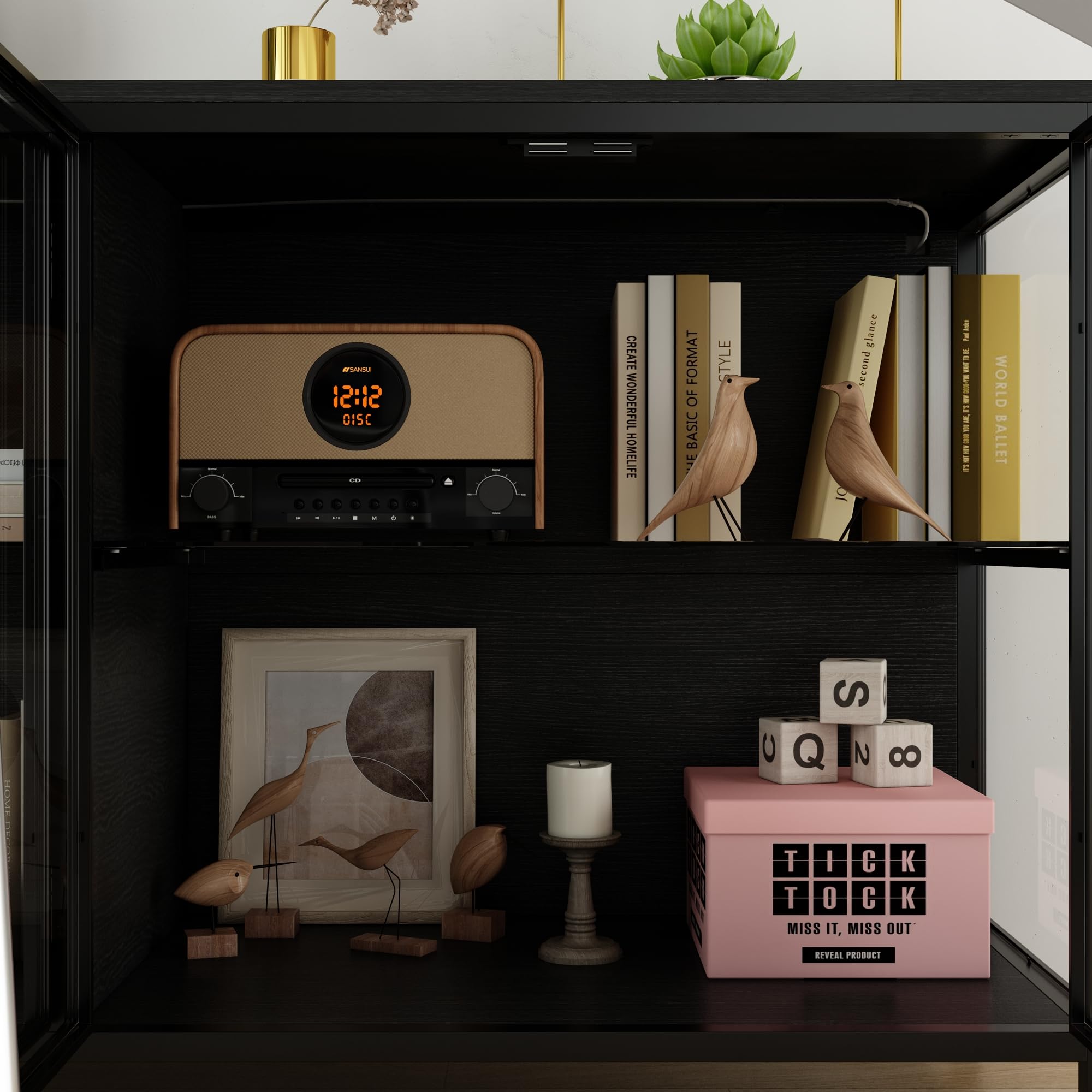 Vetrina credenza in vetro, credenza in vetro a 2 ante con telaio in ferro, vetrina in vetro con strisce luminose a 3 colori, 40 x 140 x 75 cm, nero