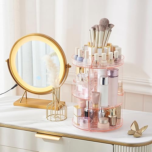 Miniatura 3 de SUNFICON Organizador de maquillaje giratorio de cristal rosa de 360 rotación, soporte de almacenamiento de cosméticos, soporte giratorio de