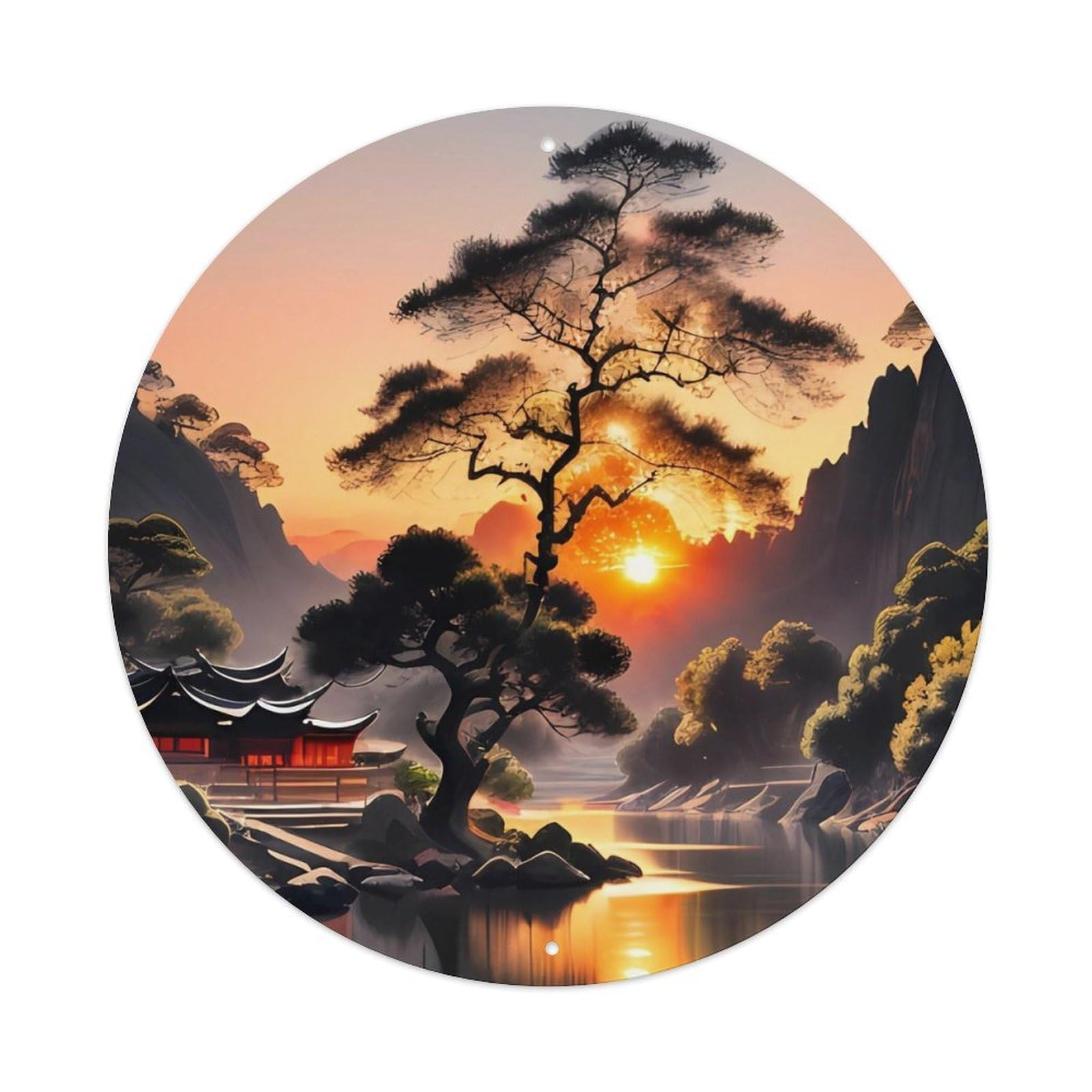 Landscape Small Courtyard at Sunset Vintage Metal Tin Sign Plaque Wall Decor for Cafe, Club, Garden Round Metal Poster 8x8Inch