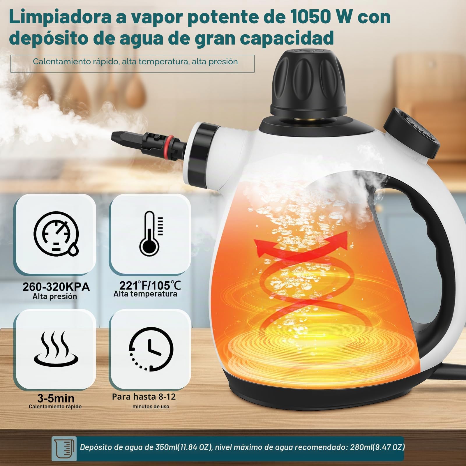 Vaporeta Limpieza Hogar Potente, Vaporeta de Mano de usos Múltiples con 14 Accesorios & Depósito de 350 ml,1050W Steam Cleaner para Alfombras,Cortinas,Sofás,Cocinas y Baños