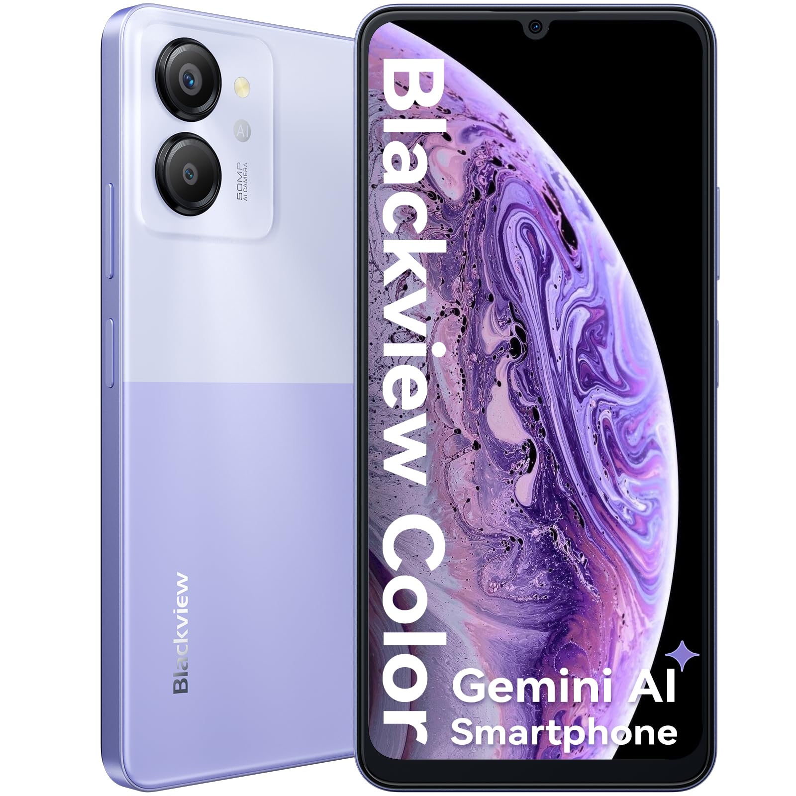 Blackview 2025 Telefono Cellulare 16GB + 128GB/2 TB TF, 6,75" 90 Hz/6000mAh, Smartphone 50MP Camera, 2,0 GHz, Octa core, 4G Dual SIM, Impronte Digitali/Face ID/3.5mm Jack/GPS/OTG/Gemini AI