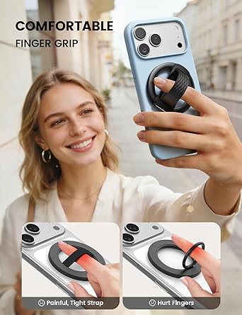 Lamicall [Comfortable Silicone Finger Loop] Magnetic Phone Grip for MagSafe, [Durable Vertical Zinc Alloy] Stand Kickstand, Magnet Cell Phone Ring Holder for iPhone 17/16/15/14/13/12 Series & Androids