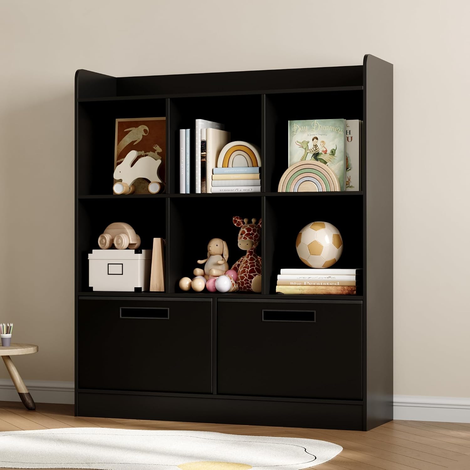 Housoul Kid Bookshelf with 2 Fabric Drawers, Toy Storage Organizer, Black