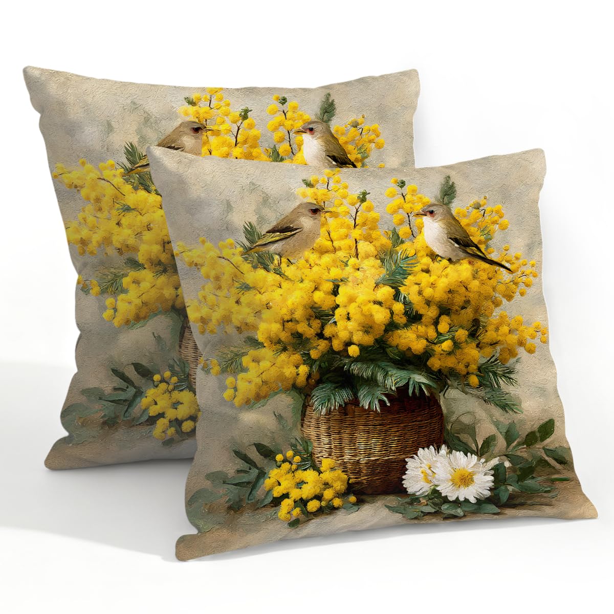 Outdoor Pillow Covers Waterproof Pillowcases 22x22in Set of 2 Retro Abstract Yellow Flowers Birds Artwork Decorative Throw Cushion Case for Couch Sofa Garden Patio Furniture