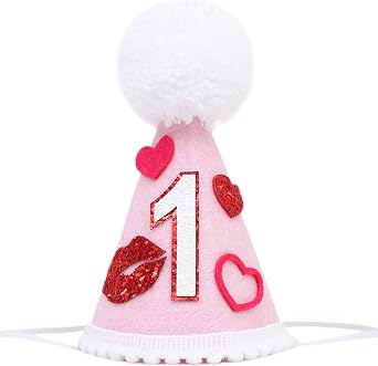 Pink Heart 1st Birthday Hat - Valentines Sweet One Birthday Decorations,Red Heart First Cone Hat,Little Princess Cake Smash Photo Props