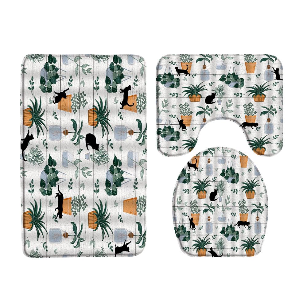 VPUPCN Potted Plants Cat 3 Pcs Bath Rugs Set,Tropical Green Plant Boho Botanical Cute Kitten Greenhouse Garden Bathroom Kitchen Rug with 16