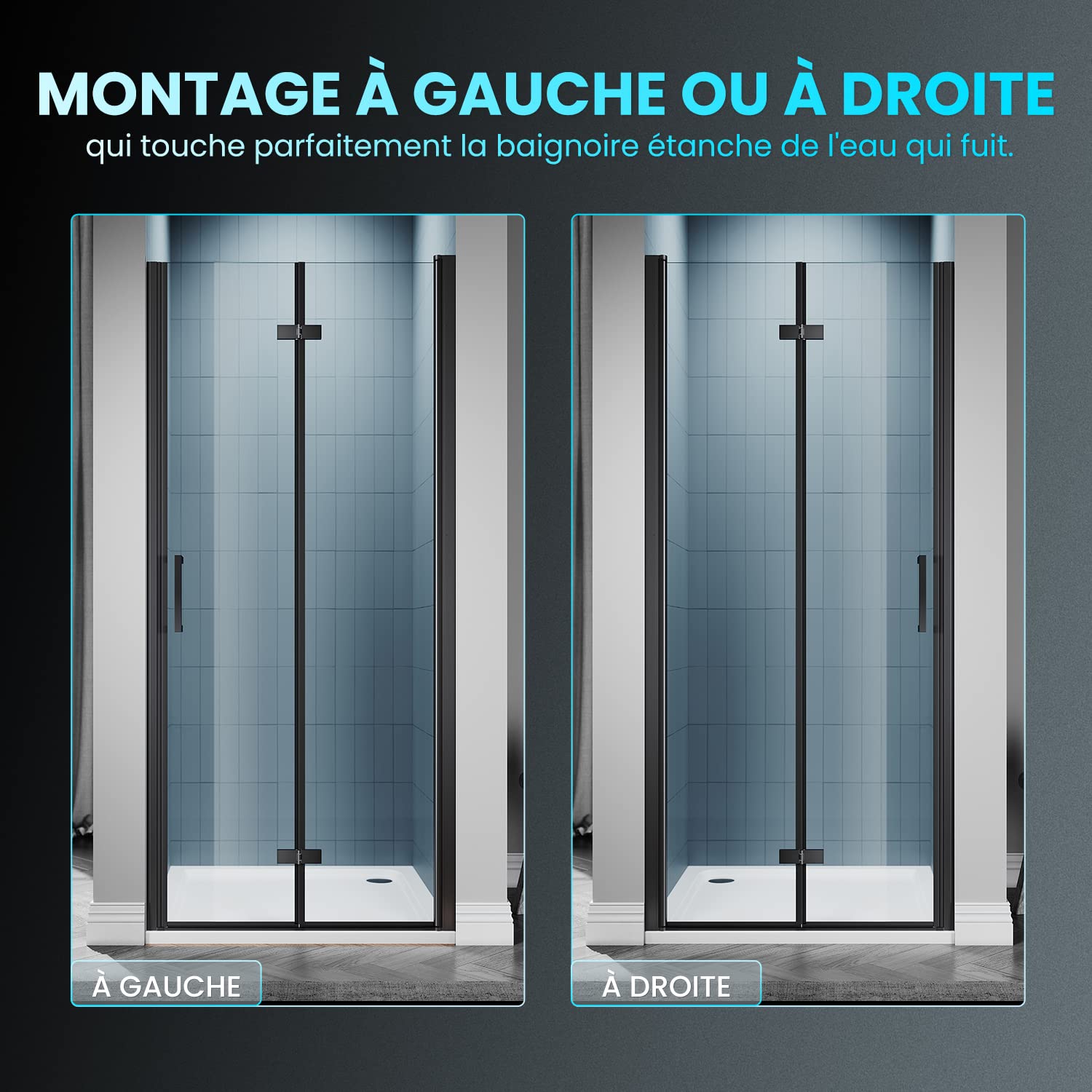 SIRHONA Porte de douche Noir Coulissante 80x195cm Porte de douche Pivotante en Verre Transparent 6mm Securit
