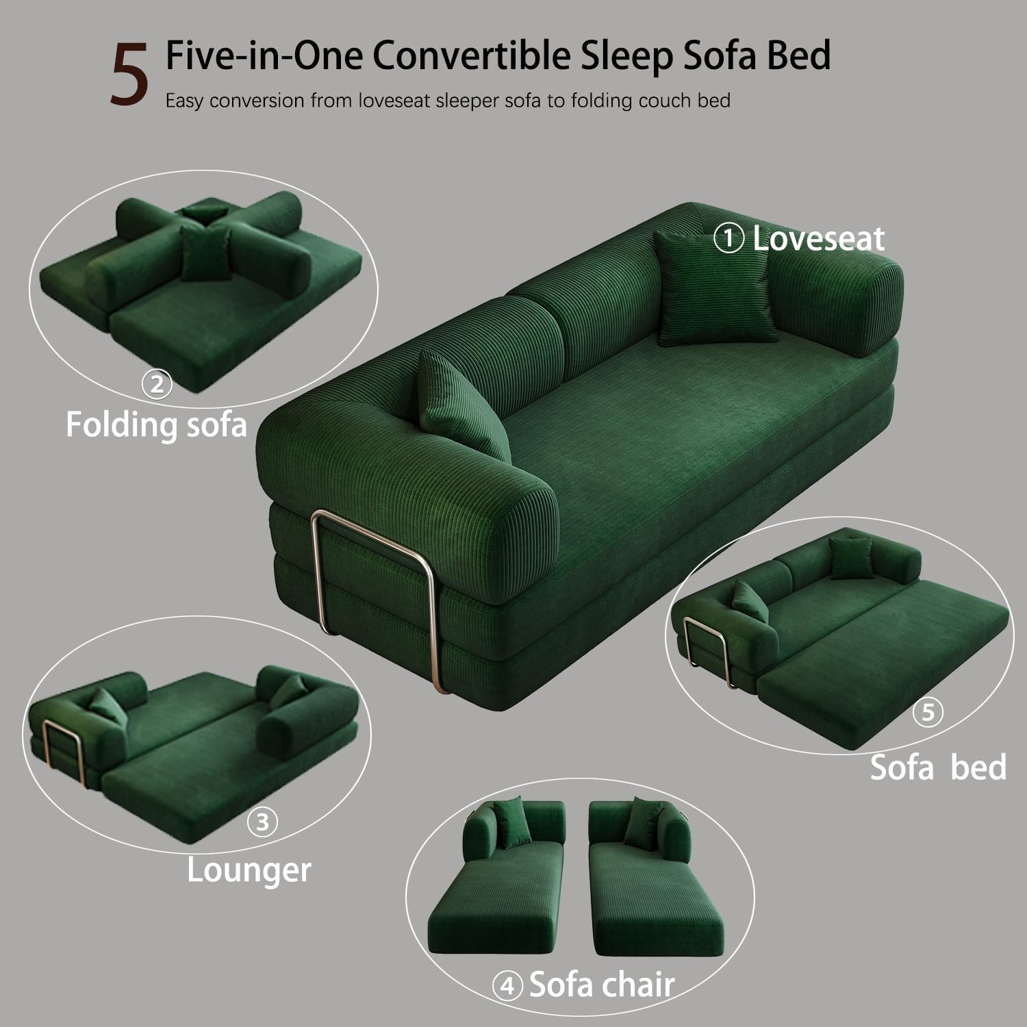 78.8'' Convertible Sleeper Sofa Bed, Futon Boneless Couch Loveseat with Pull Out Bed, Corduroy Foldable Mattress for Living Room, Couch in a Box (Green, 78.8 inch)