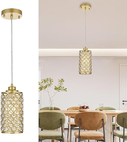 Niloah Luces colgantes doradas isla de cocina, 1 luz colgante de oro individual, luz colgante de cristal ajustable, iluminación colgante de isla de