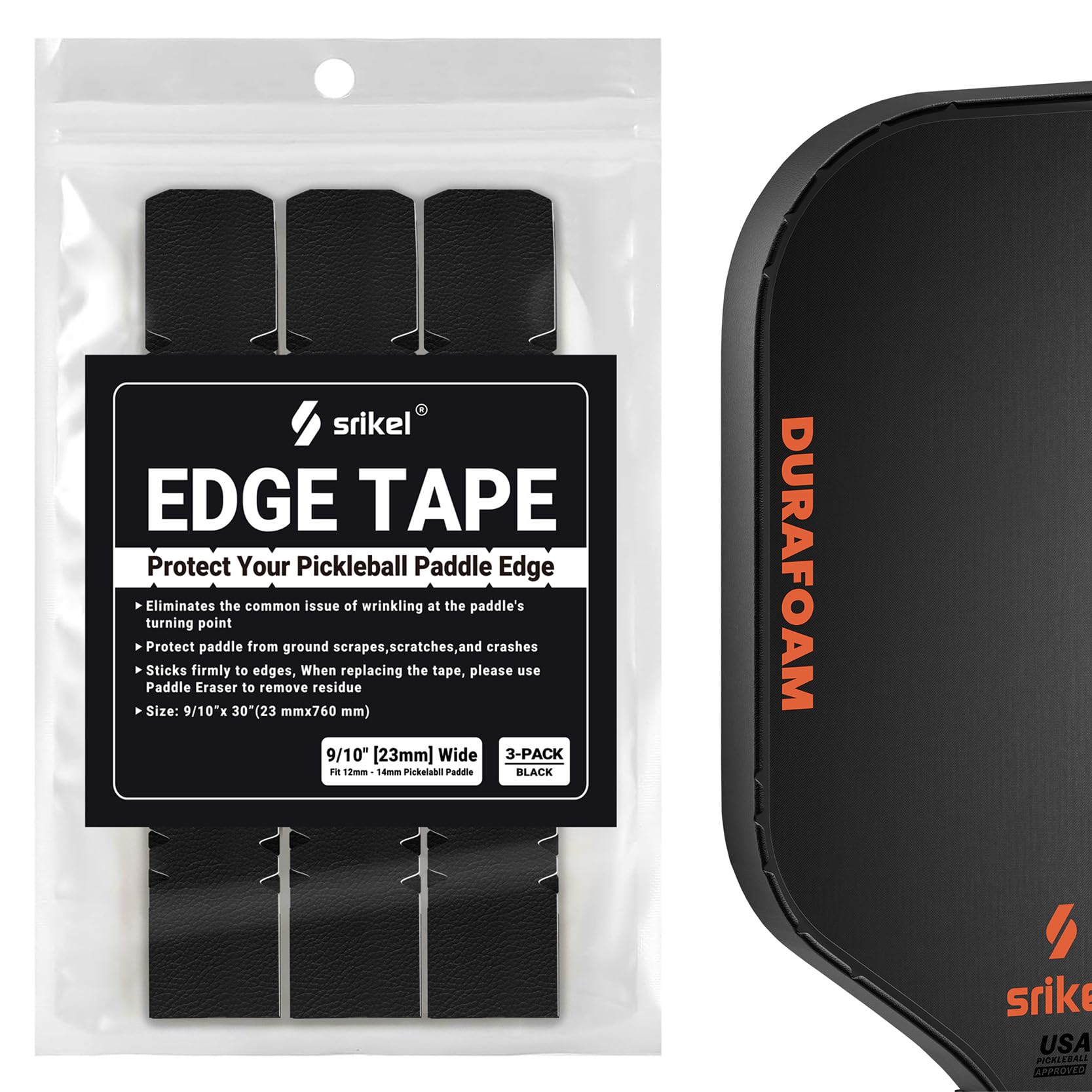 Srikel Pickleball Edge Guard Tape – Pickleball Paddle Edge Protection Tape 3 Pack, Head Edge Guard for 12MM-14MM Rackets,Easy Application,No Wrinkling,23MM Width Solid Black