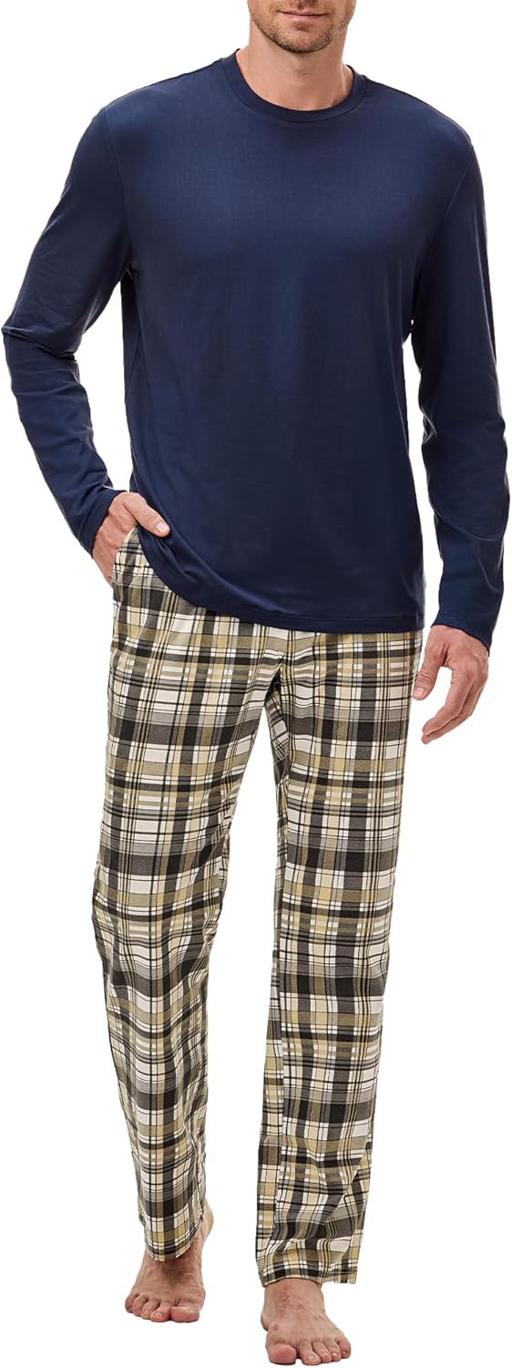 JMIERR Men's Pajamas Set 2 Piece Long Sleeve T-Shirt Loungewear Long Plaid Pants with Pocket