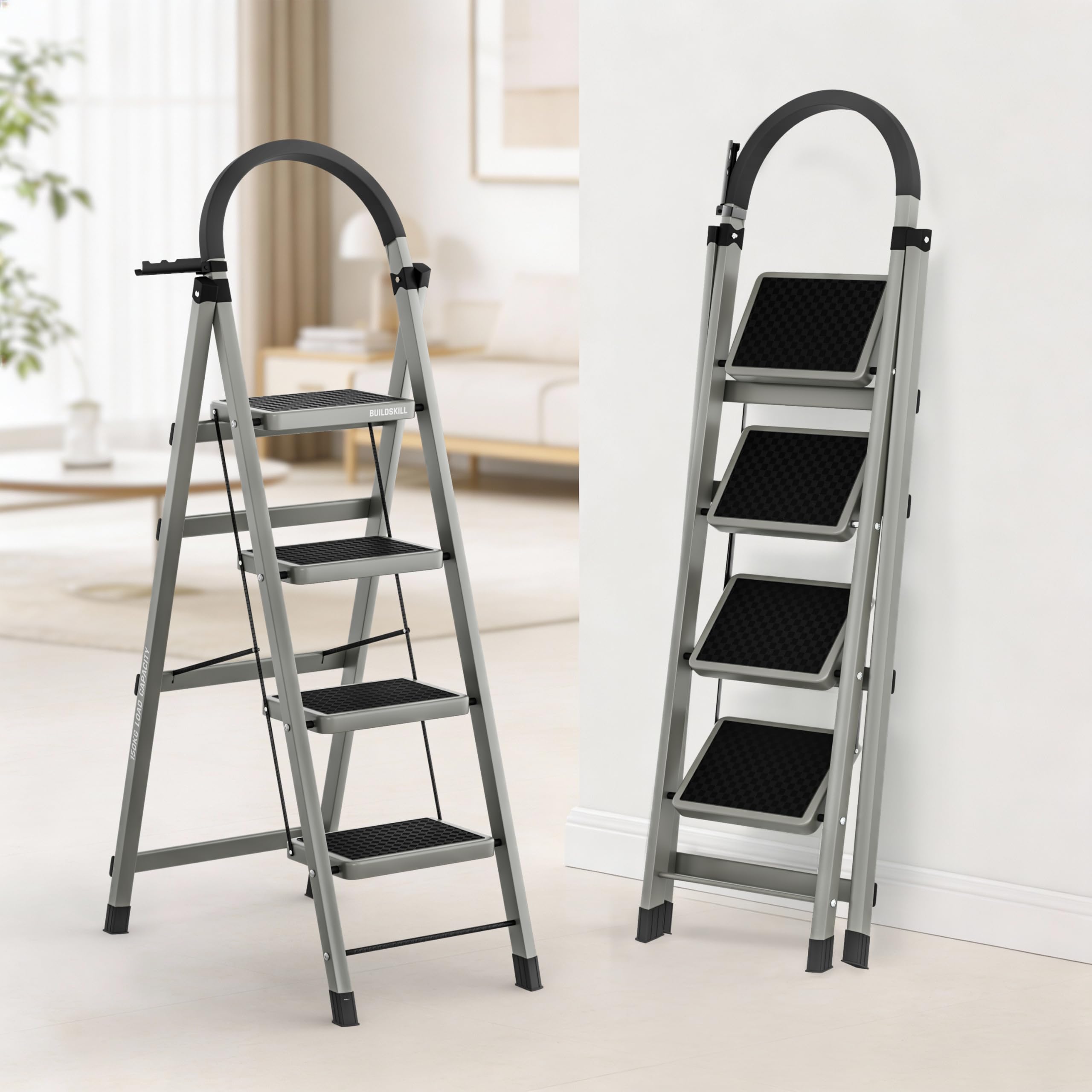 BUILDSKILL Ladder for Home 7 Steps Foldable with Built-in Tool Tray | Heavy Duty D Shape Rods | 20 x 30cm Large Platform | Wide Rubber Feet | Secure Lock | 150Kg Capacity - 5 Years Warranty — Amazon image 11