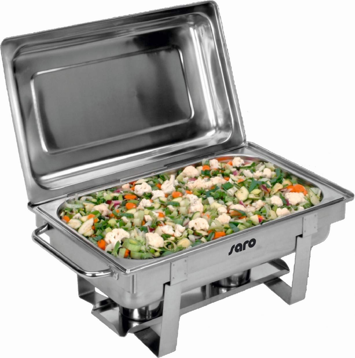 SARO ANOUK 1 - Chafing Dish per GN 1/1, con contenitore GN, profondità da 65 mm, in acciaio inox, con coperchio e supporto per coperchio, 2 supporti per pasta combustibile, profondità GN max. 100 mm