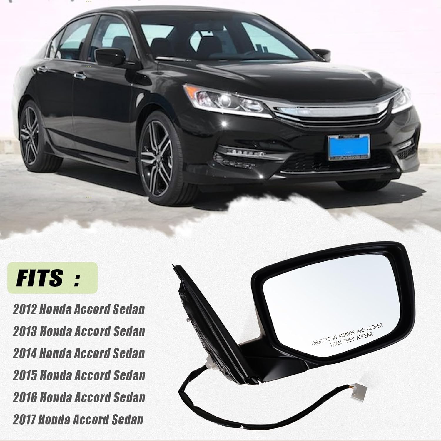 Right Passenger side Mirror Fits 2013-2017 Honda Accord Sedan/Coupe with Power Glass without Heated without turn signals without Blind Spot Match Black Replace 76208T2FA11 (3Pins)
