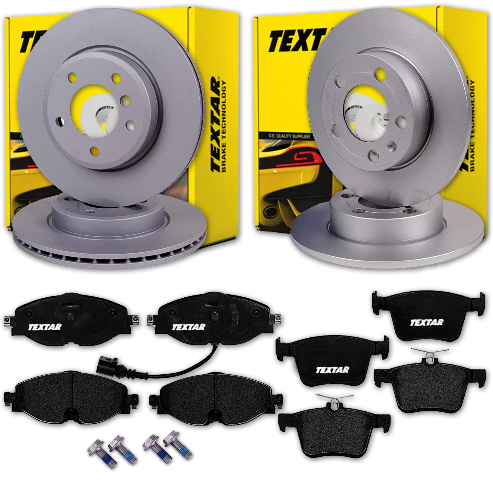 Textar Bremsscheiben + Beläge vorne + hinten | 92120505 + 2568301 + 92224903 + 2500801 passend für Golf 7 + 5T