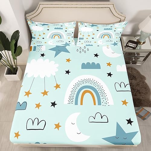 Miniatura 9 de Sábanas de cama de arcoíris rosa, sábana bajera de nube Kawaii tamaño individual para niños y niñas, decoración de dormitorio, juegos de ropa de