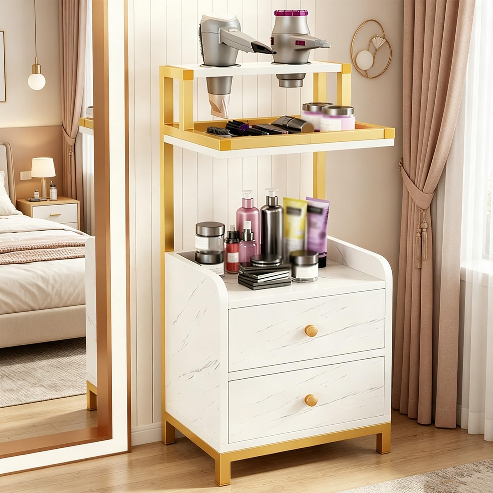 Postazione Da Salone Per Parrucchieri, Postazione Beauty E Barber Con 2 Cassetti E Supporto Per Asciugacapelli, Organizer Per Trucco E Attrezzature Estetiche Con Maniglia