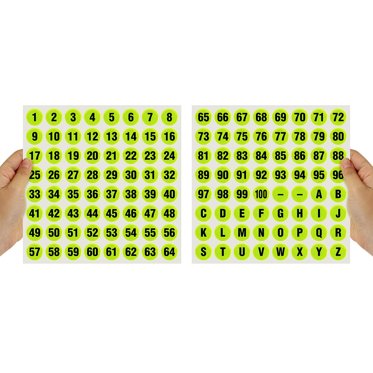 SmartSign1 inch Reflective Hot Dot Stickers - Consecutive Numbers and Letters (includes 1 to 100 and A to Z), Microprismatic Reflexite Material, Fluorescent Yellow (Set of 2 Sheets)