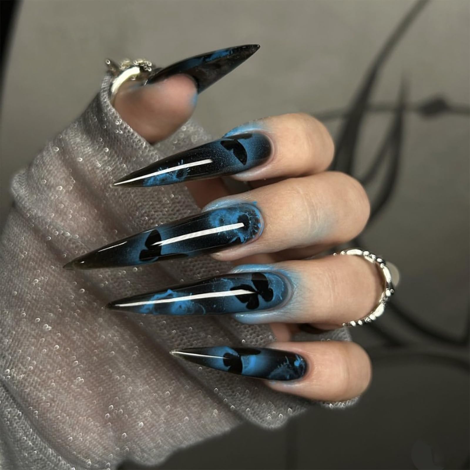 IMRAIN Long Press on Nails Stiletto Fake Nails Black Ombre False Nails with Dark Blue Butterfly Designs Full Cover Acrylic Glossy Nail Supplies Glue