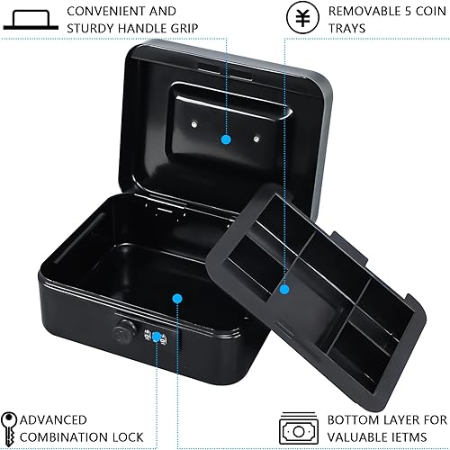 Miniatura 5 de KYODOLED Caja de dinero mediana con cerradura de combinación Caja de dinero de metal seguro con bandeja de dinero para caja de seguridad