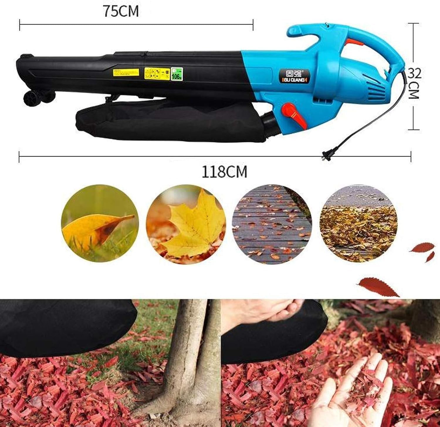 Sopladores de hojas Aspiradora y trituradora de jardín con bolsa recolectora de 45 l, relación de trituración de 15:1, soplador de aire para hojas, polvo, arena, nieve y céspedwlijiang240829