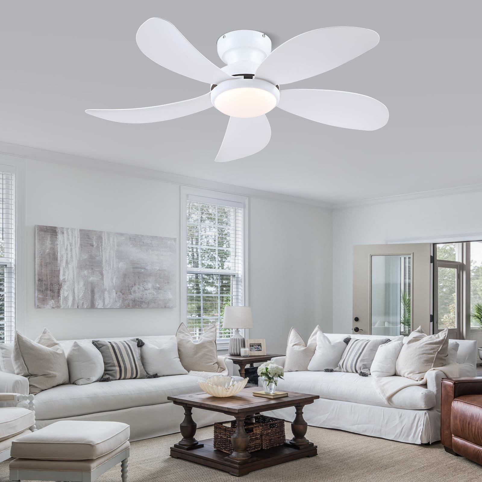 Kviflon 106 cm Deckenventilator mit LED und Fernbedienung, Weiß - Niedrigprofil-Deckenventilator & reversierbarer DC-Motor, 3 dimmbare Lichtfarben, 6 Geschwindigkeiten, Moderne Innenausstattung