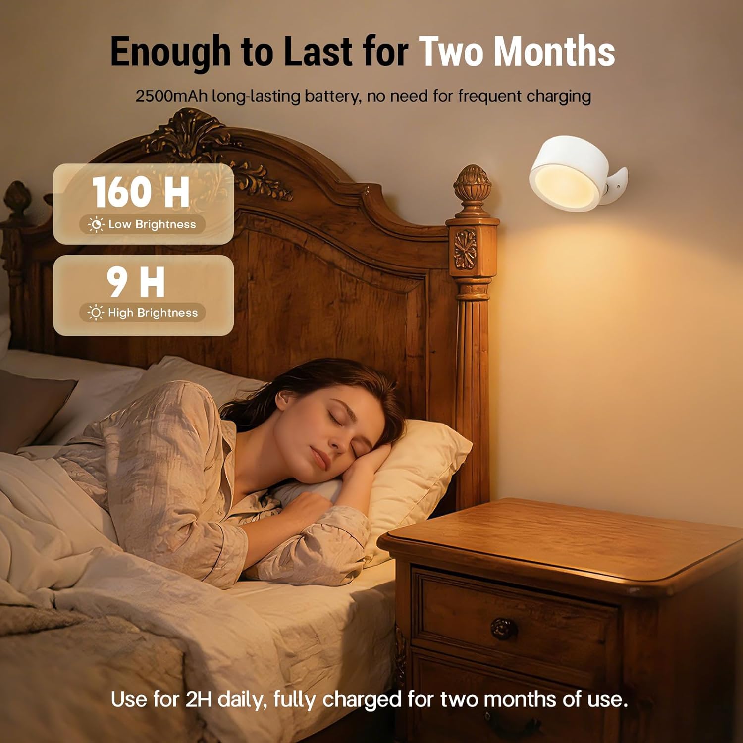 LED Wall Lights, [160H Battery Operated] Wireless Rechargeable Mounted, 3 Color & 4 Brightness Level & 360°Rotate & Touch or Remote, Wall Sconces for Reading Bedroom(White,Set of 2)