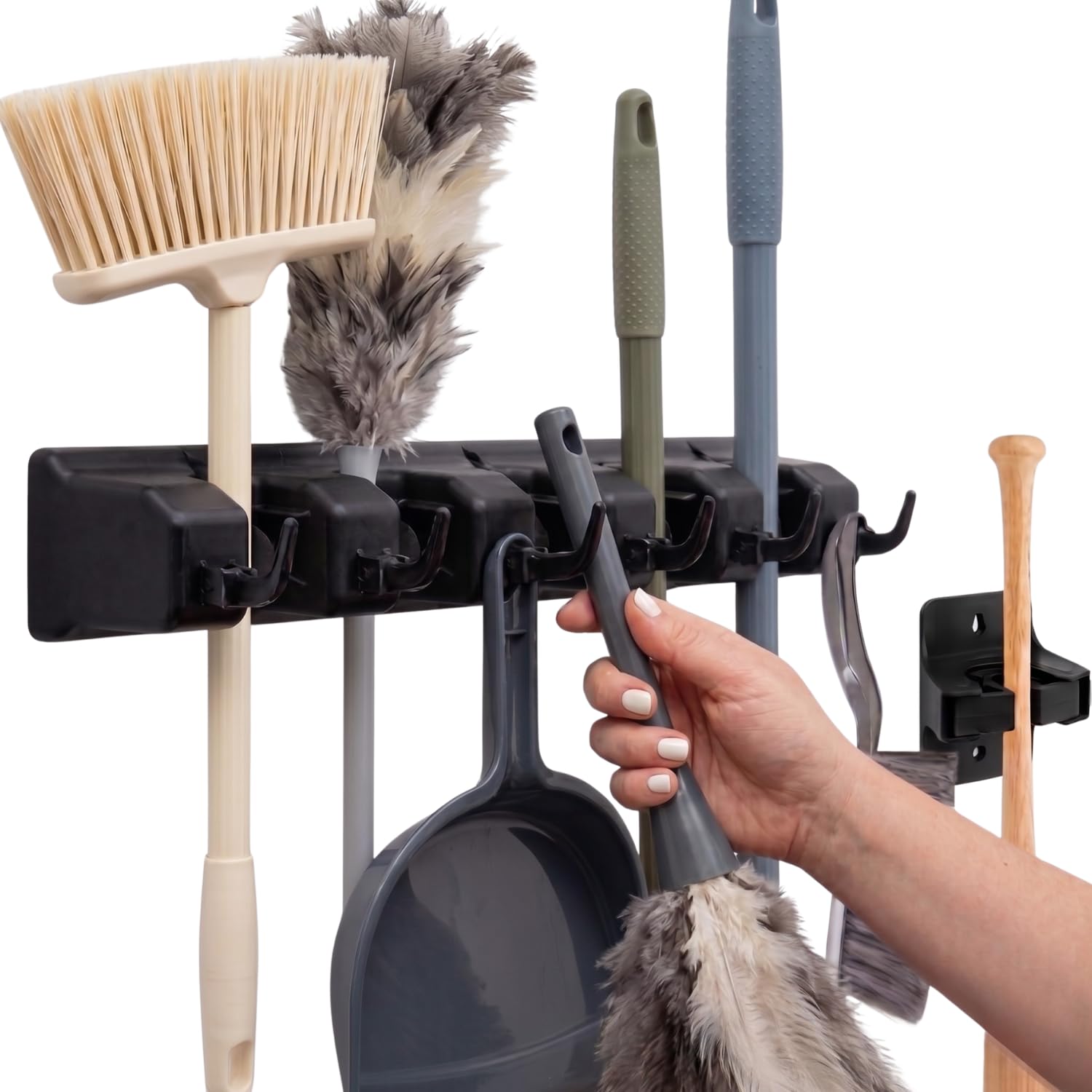 2 Pack Broom Holder w/ Mop Gripper - Self Adhesive, No-Drilling, Wall Mount Tool Organizers For Kitchen, Garage, Laundry Room- Anti-Slip Hanger For Brooms, Mops, Rakes, Dustpans (Combo Black / Black)-image-47