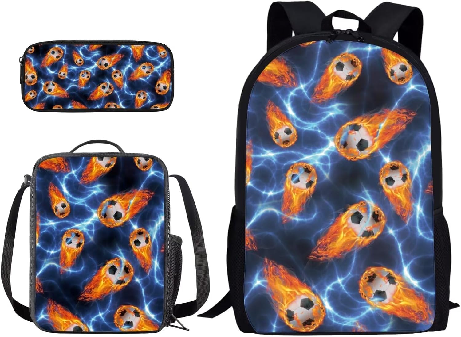 Splatter Soccer Ball Print Backpack Set for Boys Girls 17 Inch Travel Laptop Backpacks Book Bag with Lunch Bag Pencil Case Schoolbag Back-to-School Set for Student